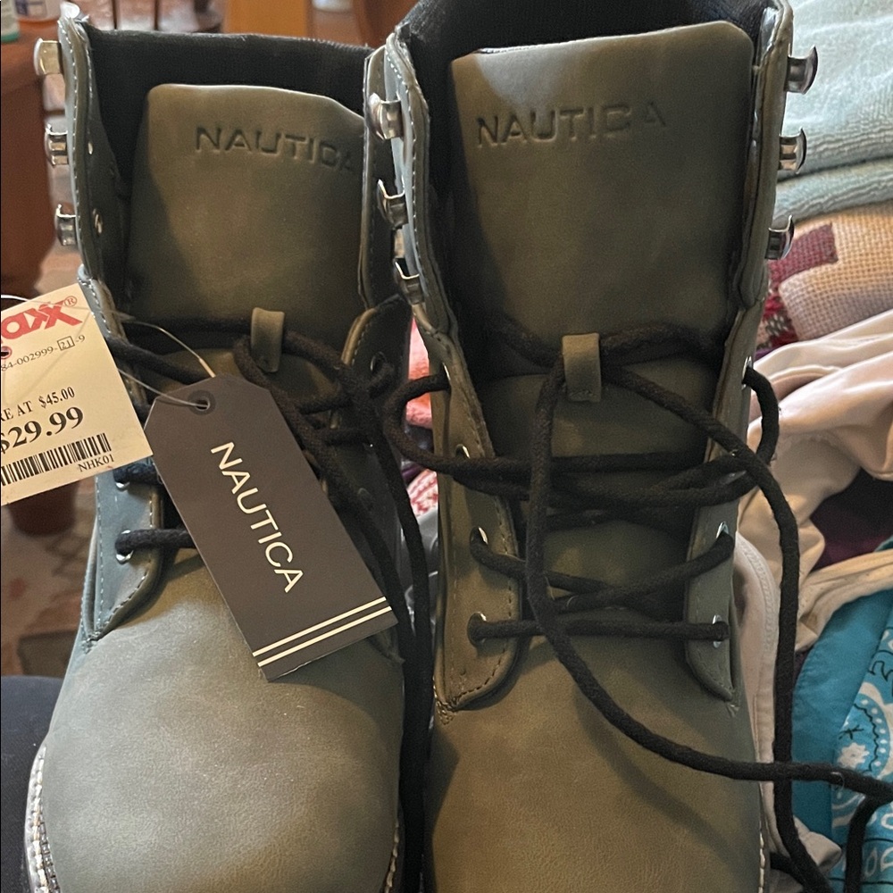 Nautica Olive Green Lace-Up Work Boots with Black Laces